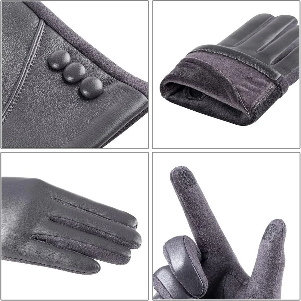 Women's Grey Winter Leather Suede Gloves Wool Lined Windproof Touchscreen